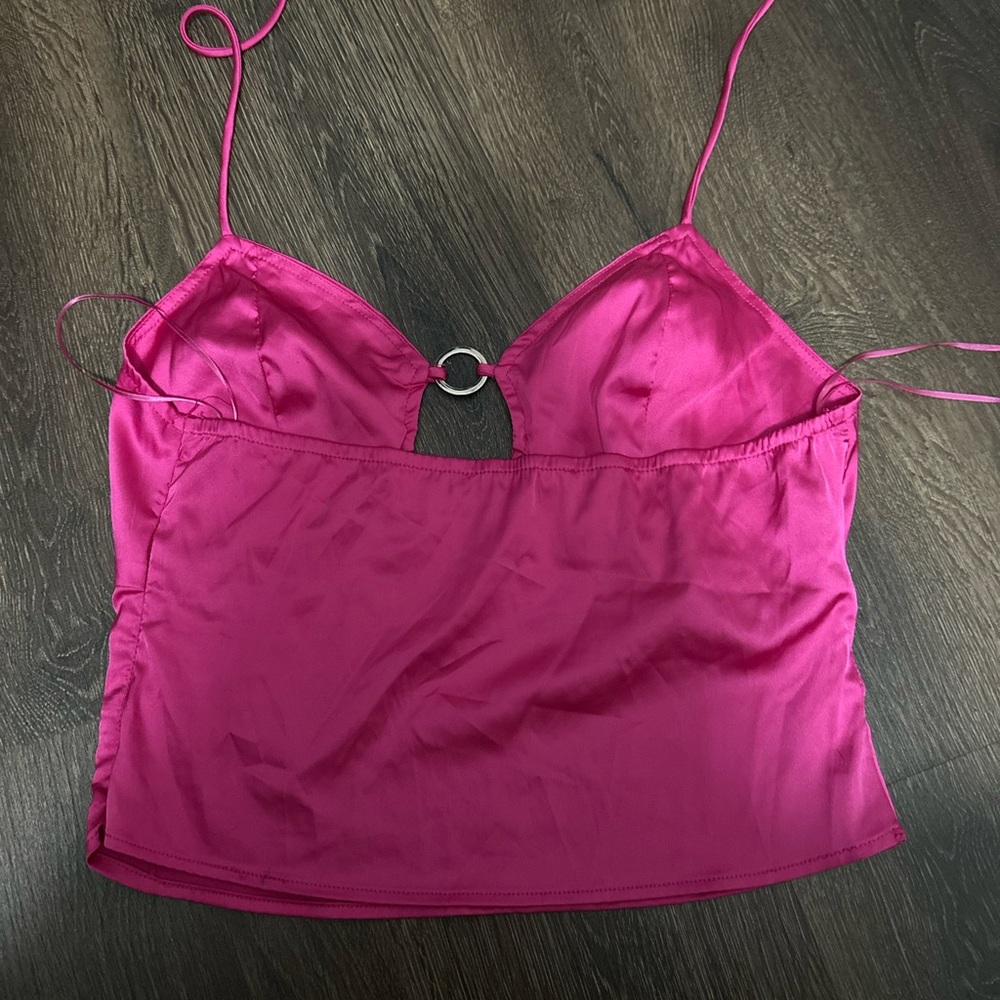 Dolls Kill MABLE Fuchsia Satin Top with Silver Ring Accent - Picture 2 of 3